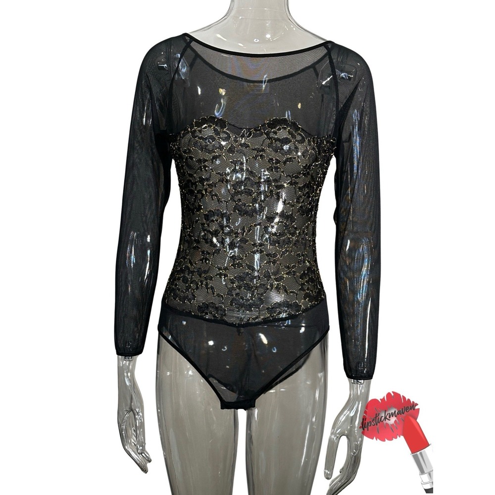 Victoria Secret Bodysuit Medium Gold Label Black Sheer Long Sleeve Lace Y2K‎ 90s